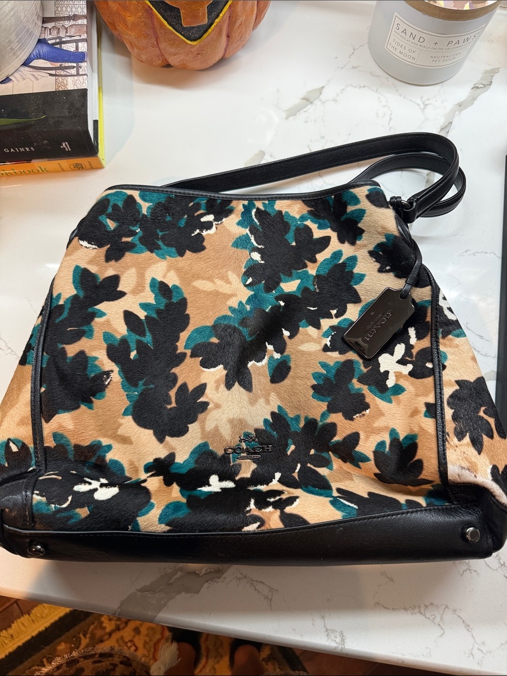 Coach Floral Shoulder Bag in Tan, Black & Teal